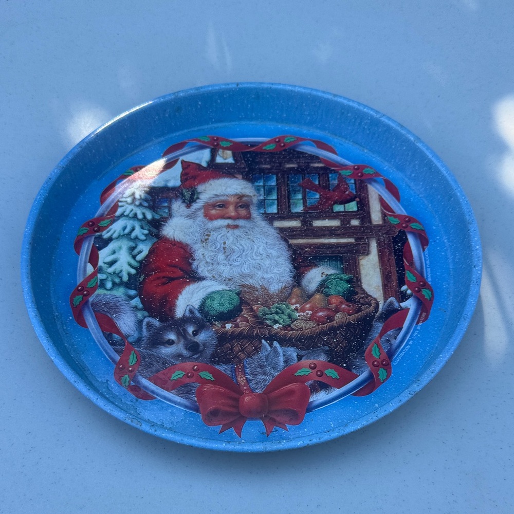 Vintage Christmas Serving Tray Featuring Santa Claus and Woodland Animal Design